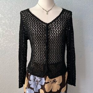 Vintage Black Crochet Knit Cardigan Sheer Button Front Boho 90s Y2K